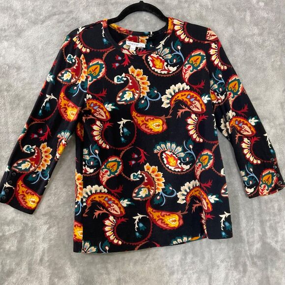 Chicos 100% Pima Cotton Women's Top Sz 1 M 3/4 Sleeve Pullover Floral - Picture 1 of 9